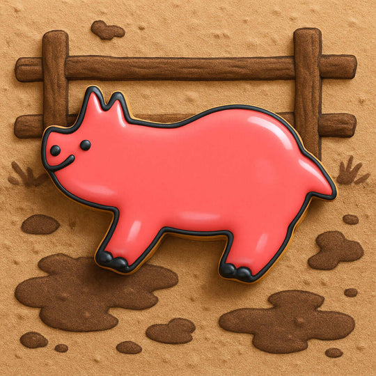 pink cookie shaped like a pig with a brown background from a 3.75 inch Pig Metal Cookie Cutter