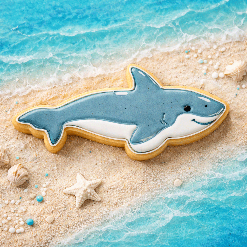 Shaped cookie resembling a killer whale on a beach with sand and water from a 4 inch Killer Whale Metal Cookie Cutter