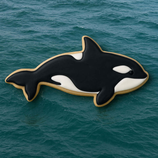 4 inch Killer Whale Metal Cookie Cutter shaped cookie on water background.