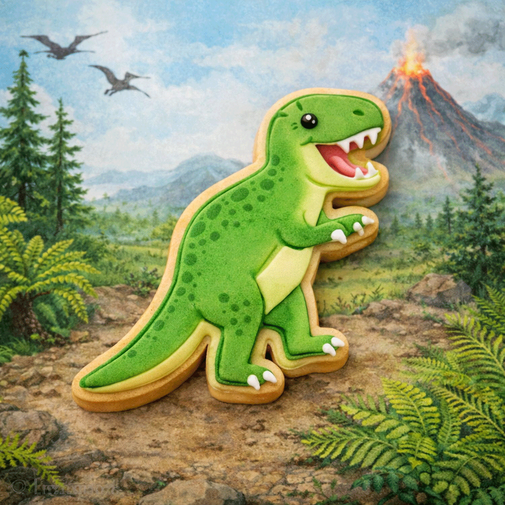 Dinosaur-shaped cookie in a prehistoric setting with trees, mountains, and a volcano from a 5.5 inch Tyrannosaurus Rex Metal Cookie Cutter