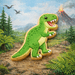 Dinosaur-shaped cookie in a prehistoric setting with trees, mountains, and a volcano from a 5.5 inch Tyrannosaurus Rex Metal Cookie Cutter