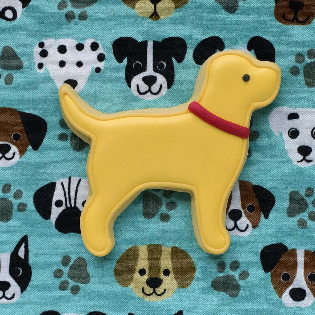 Yellow lab-shaped cookie with a red collar on a blue background with dog illustrations.