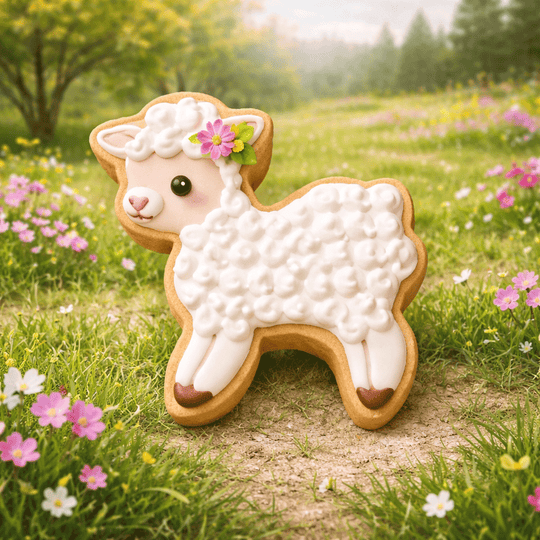 Sheep-shaped cookie with white frosting and brown feet on a grassy field with flowers from a 3.25 inch Standing Lamb Metal Cookie Cutter