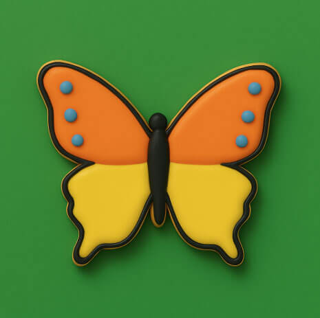 Butterfly-shaped cookie with orange and yellow wings on a green background from a 3 inch Butterfly Metal Cookie Cutter
