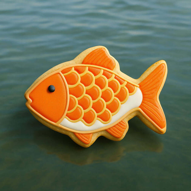 3 inch Fish Metal Cookie Cutter shaped cookie, orange fish design on water background.