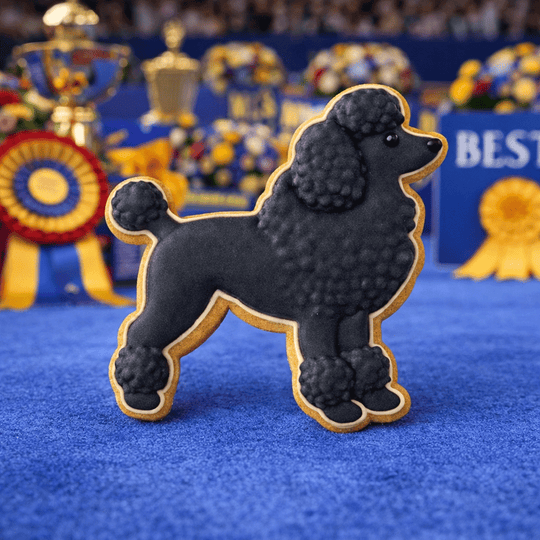 Decorative black poodle cookie on a blue surface with award ribbons in the background from a 4 inch Poodle Metal Cookie Cutter