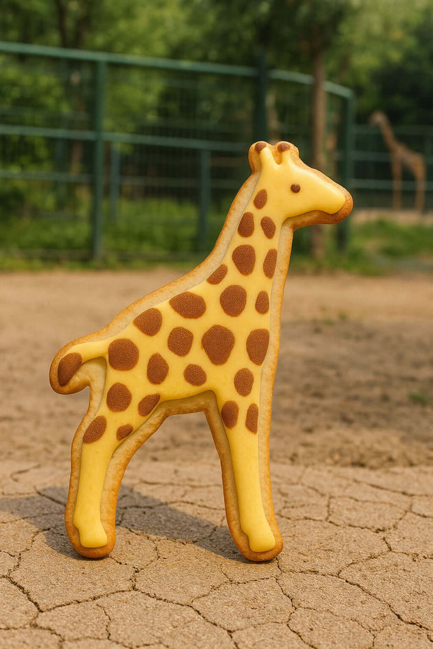 Giraffe-shaped cookie on a cracked ground with blurred greenery in the background from a 5.5 inch Giraffe Metal Cookie Cutter
