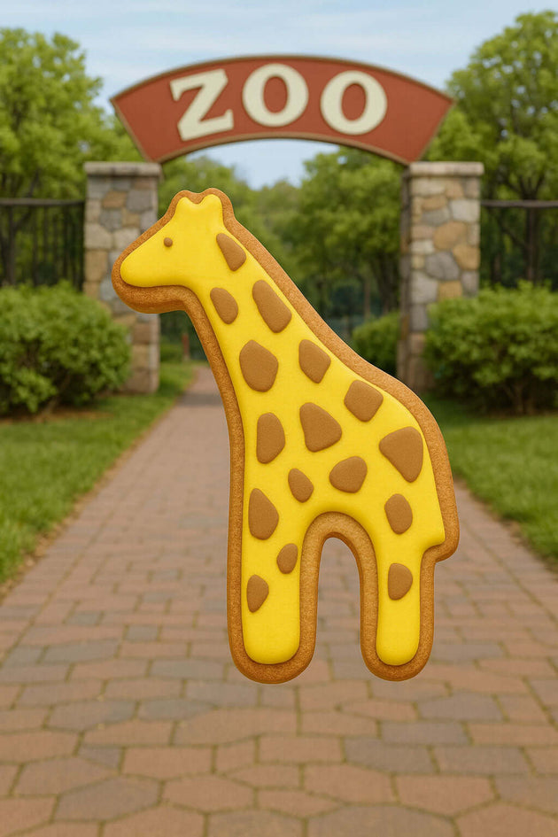 Giraffe-shaped cookie on a pathway with a zoo entrance sign in the background in a 4.5 inch Primitive Giraffe Metal Cookie Cutter