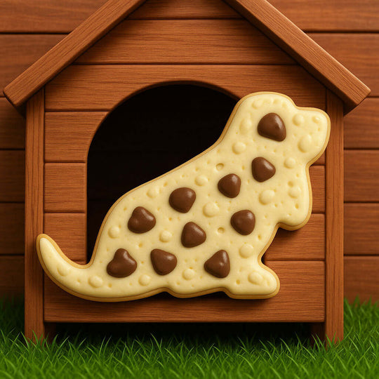 5 inch Basset Hound Metal Cookie Cutter shaped cookie on a wooden dog house background, enhancing your baking creations.