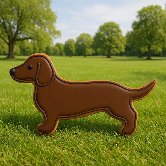 5.5 inch Dachshund Metal Cookie Cutter displayed on grass, showcasing its detailed design and charming dachshund shape.