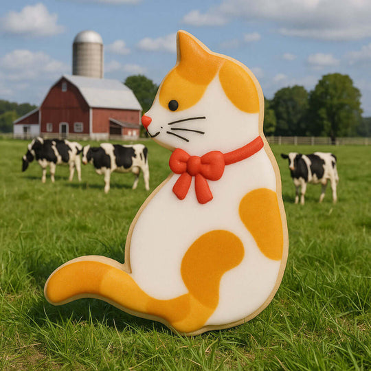 Cat-shaped cookie with orange and white pattern in a field with cows and a barn in the background from a 4.5 inch Cat Metal Cookie Cutter