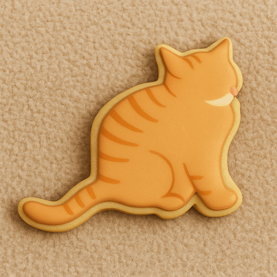 Cat-shaped cookie on a beige background from a 5 inch Cat Metal Cookie Cutter