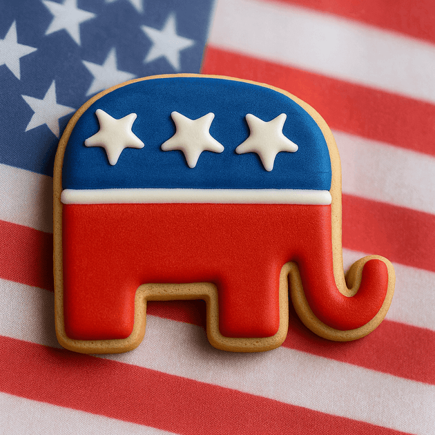 Cookie shaped like a red and blue elephant with white stars on an American flag background from a 3.25 inch Elephant Metal Cookie Cutter