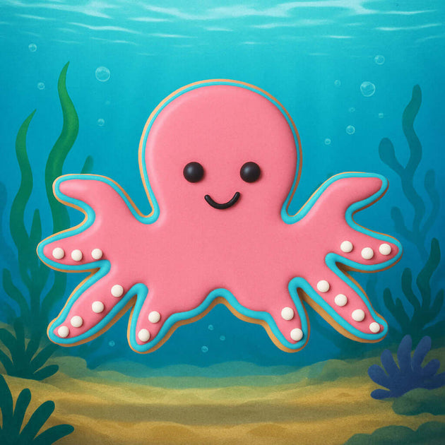 4.5 inch Octopus Metal Cookie Cutter design showcased in a vibrant underwater scene with a cute pink octopus cookie.