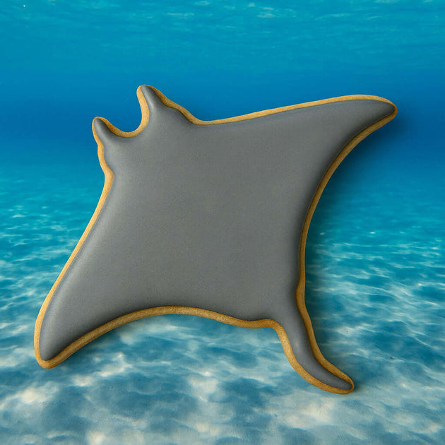 4.5 inch Manta Ray Metal Cookie Cutter shaped cookie on an ocean background.