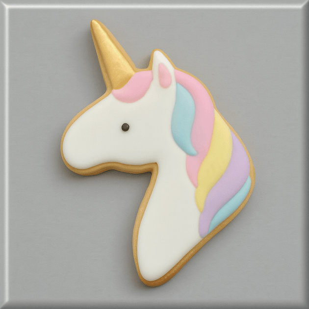 Decorated cookie shaped like a unicorn, showcasing pastel colors, ideal for celebrations with 5 inch Unicorn Metal Cookie Cutter