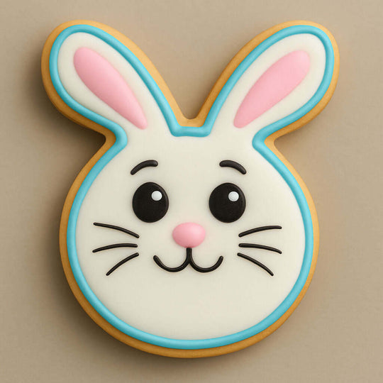 Decorative cookie shaped like a rabbit face on a beige background from a 4 inch Easter Bunny Rabbit Face Metal Cookie Cutter