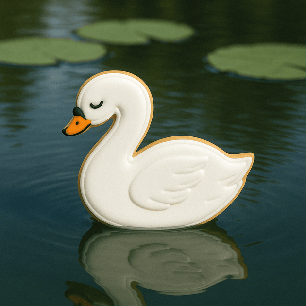 Swan-shaped cookie floating on water with lily pads in the background for a 4 inch Swan Metal Cookie Cutter