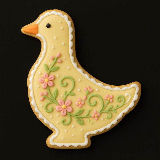 Decorative cookie shaped like a duck with floral designs on a black background for a 5 inch Goose Metal Cookie Cutter