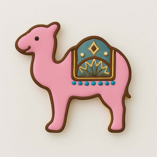 Decorative cookie shaped like a camel with pink body, brown details, and a decorative saddle on a white background for a 4 inch Camel Metal Cookie Cutter