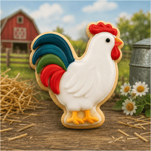 Cookie shaped like a rooster with a barn and flowers in the background from a 4.25 inch Rooster Metal Cookie Cutter