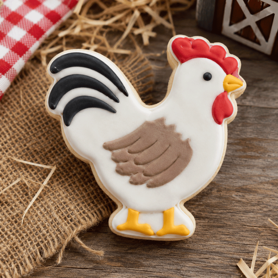 Rooster decorated cookie from a 4.25 inch Rooster Metal Cookie Cutter