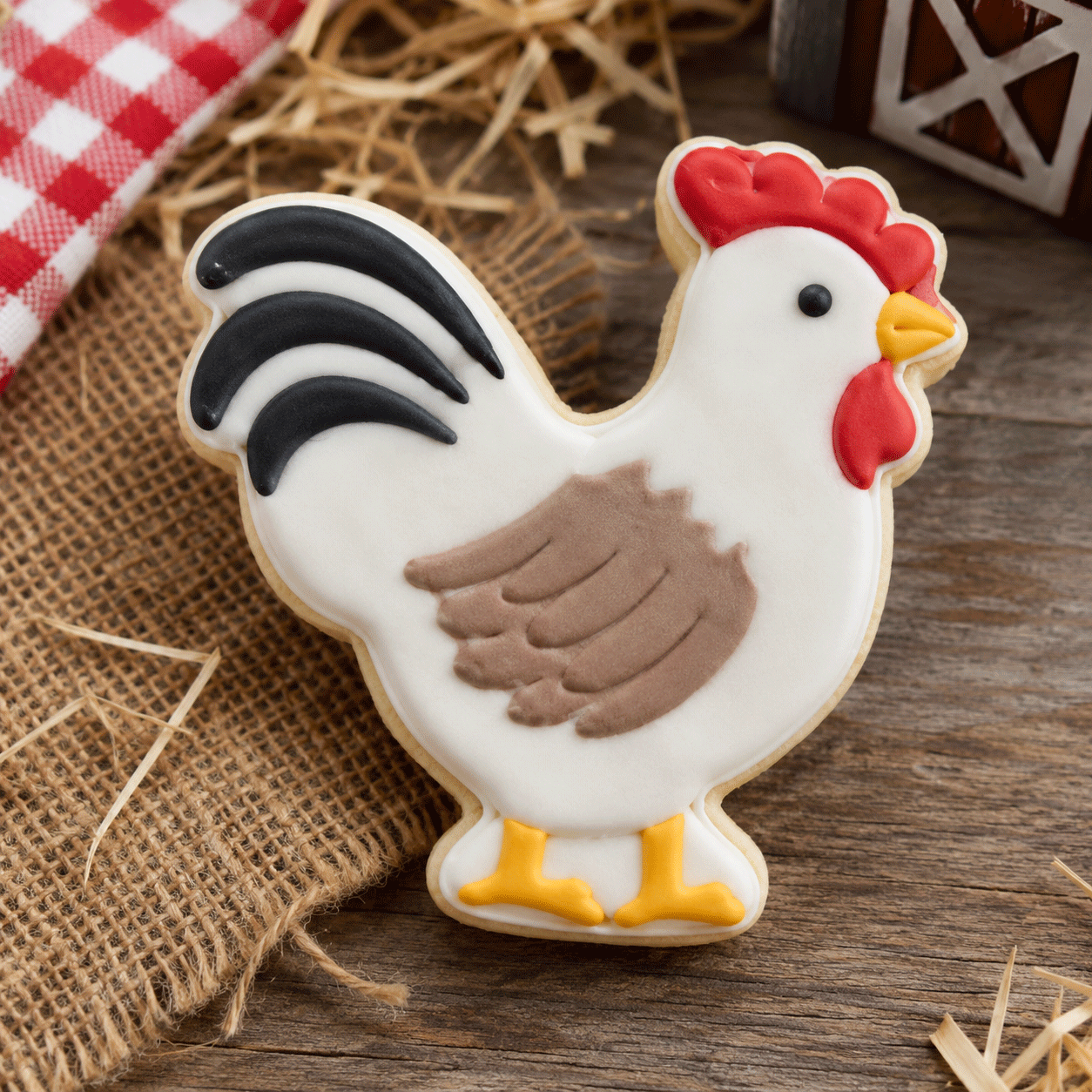 Rooster decorated cookie from a 4.25 inch Rooster Metal Cookie Cutter