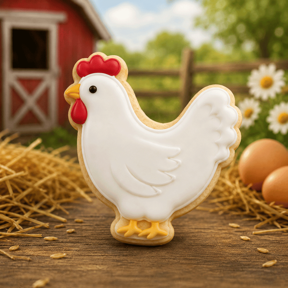 Chicken-shaped cookie on a wooden surface with eggs and a barn in the background from a 4 inch Chicken Hen Metal Cookie Cutter
