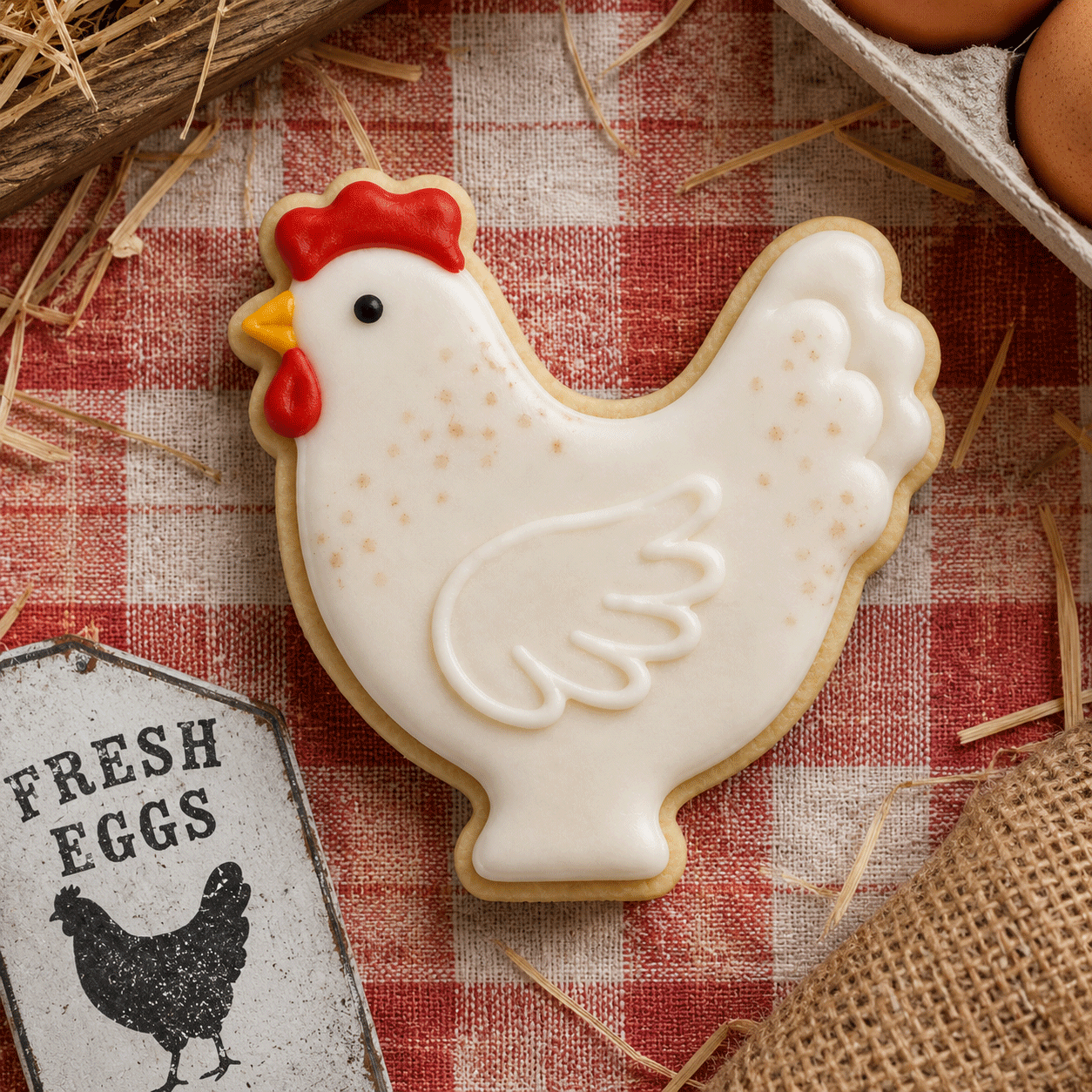 Chicken-shaped cookie on a red and white checkered tablecloth with eggs and straw from a 4 inch Chicken Hen Metal Cookie Cutter