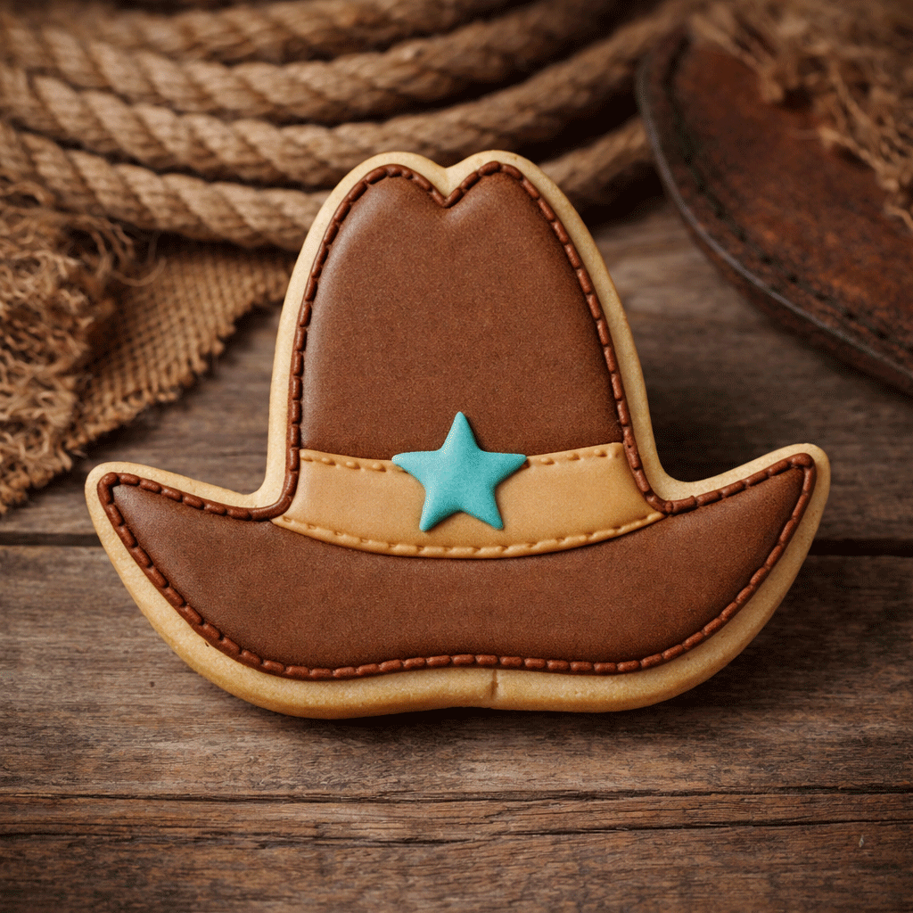 Cowboy hat cookie with a blue star on a wooden surface from a 4 inch Cowboy Hat Metal Cookie Cutter