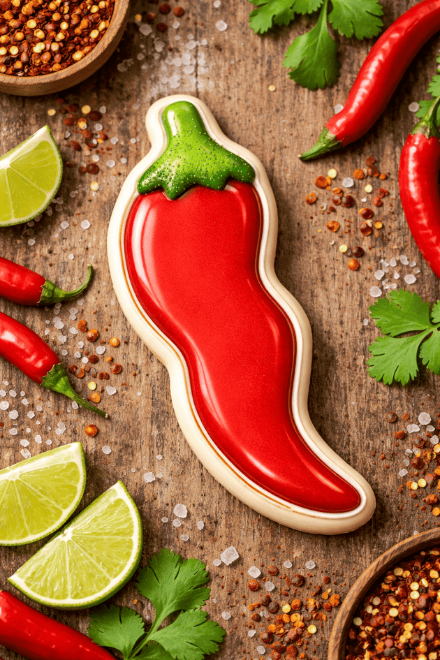 Red chili pepper-shaped cookie on a wooden surface with spices and limes from a 5 inch Chili Pepper Metal Cookie Cutter