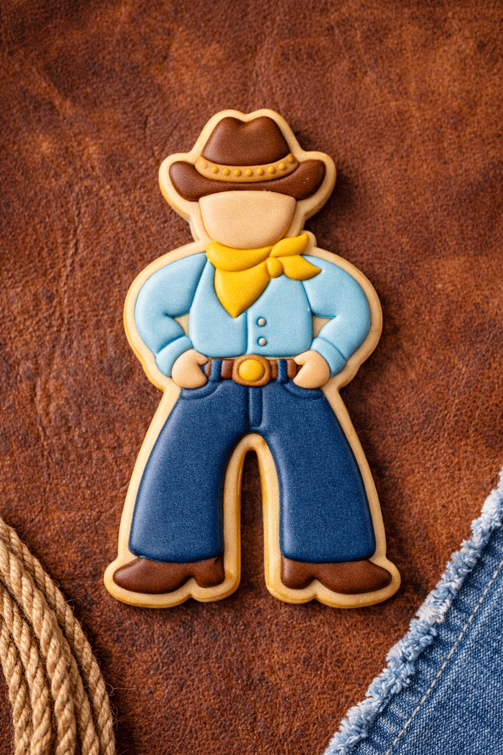 Cookie shaped like a cowboy on a brown leather background from a 4 inch Farmer Cowboy Metal Cookie Cutter
