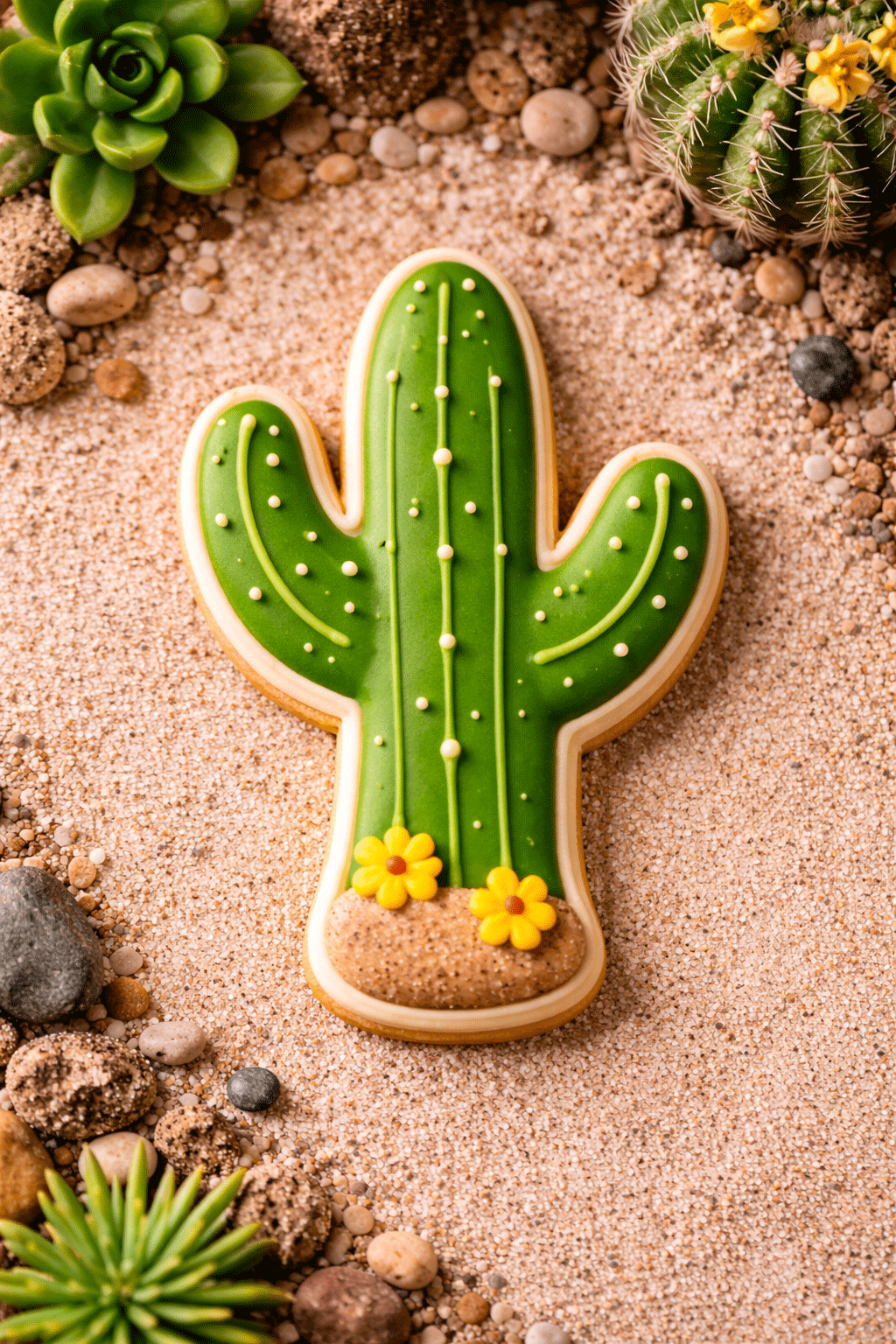 Cactus-shaped cookie with yellow flowers on a sandy surface with cacti and succulents from a 4 inch Cactus Metal Cookie Cutter