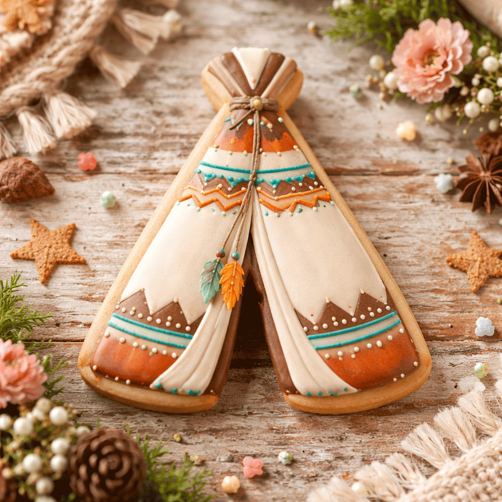 Decorative cookies shaped like teepees on a rustic wooden surface with flowers and pine cones from  4 inch Teepee Metal Cookie Cutter