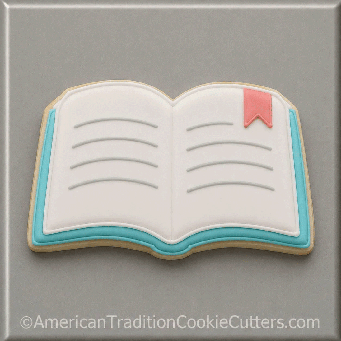Blue and white book with marker  cookie from a 4.25 inch Open Book Metal Cookie Cutter