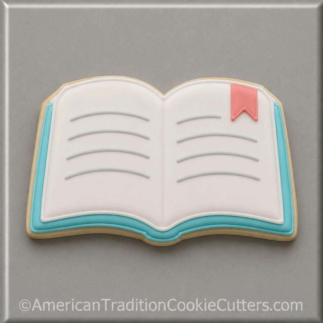 Blue and white book with marker  cookie from a 4.25 inch Open Book Metal Cookie Cutter