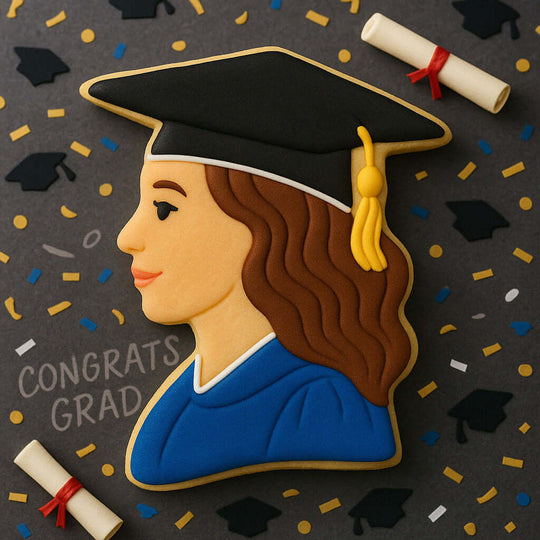 Graduation-themed cookie with a girl figure wearing a cap and gown, surrounded by confetti and 'Congrats Grad' text on a dark background from a 3.75 inch Graduation Girl Metal Cookie Cutter
