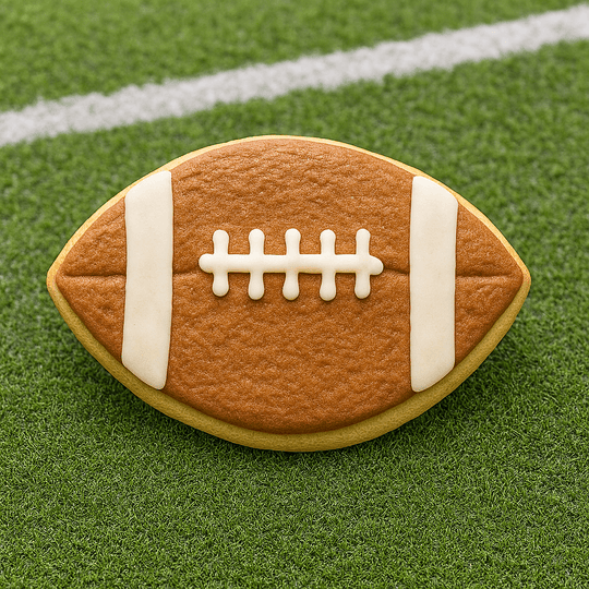 Football-shaped cookie on a green field background from a 3.5 inch Football Metal Cookie Cutter