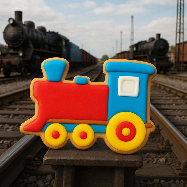 Colorful train-shaped cookie on a railway track with vintage steam locomotives in the background from a 3.75 inch Locomotive Metal Cookie Cutter