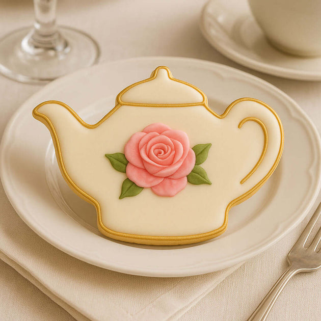 Teapot-shaped cookie with a pink rose on a white plate with a glass and cup in the background from a 3.75 inch Teapot Metal Cookie Cutter
