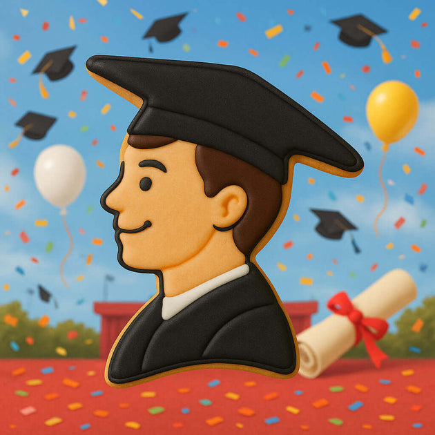 4.25 inch Graduation Boy Metal Cookie Cutter shaped like a smiling graduate in a cap with a festive background.