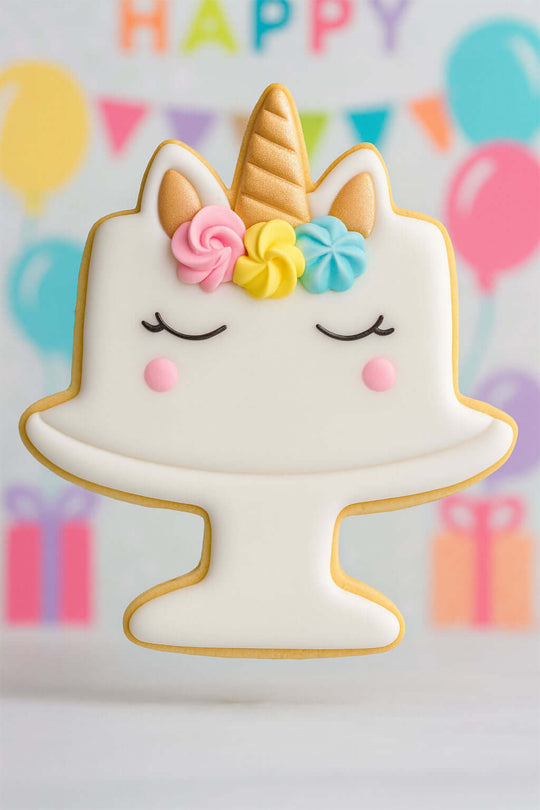 Unicorn-shaped cookie with colorful decorations on a stand against a festive background with balloons and streamers.