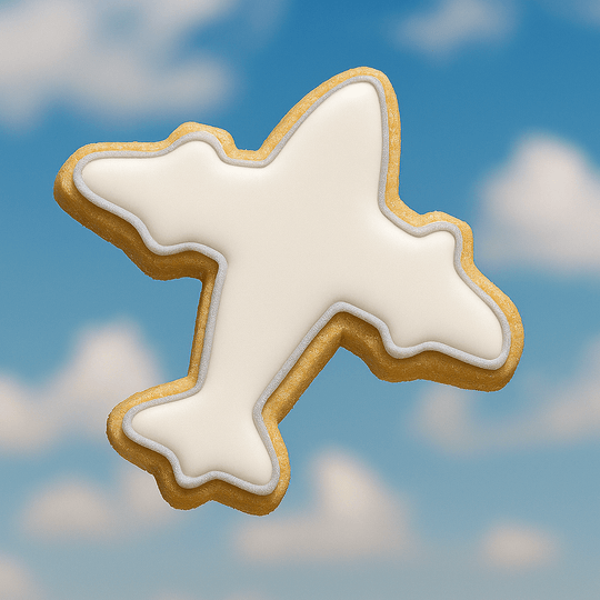 Cookie shaped like an airplane against a blue sky background from a 3.75 inch Airplane Metal Cookie Cutter