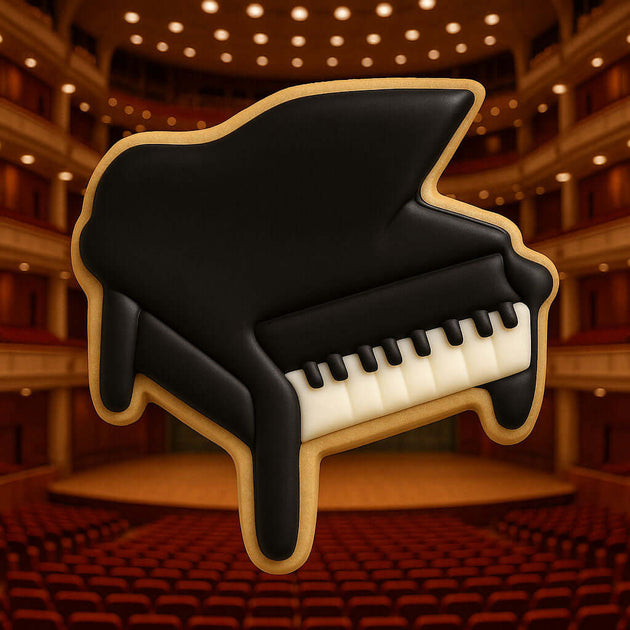 Cookie shaped like a grand piano in an auditorium setting from a 3.5 inch Baby Grand Piano Metal Cookie Cutter