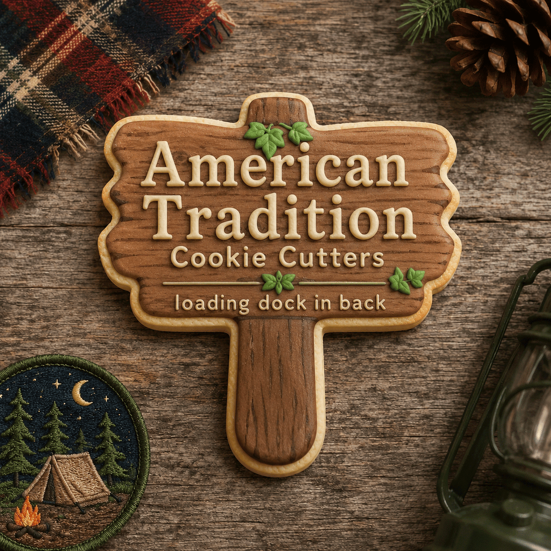 Wooden cookie cutter shaped like a sign with 'American Tradition Cookie Cutters' branding on a rustic wooden background from a 4.25 inch Wooden Sign Metal Cookie Cutter