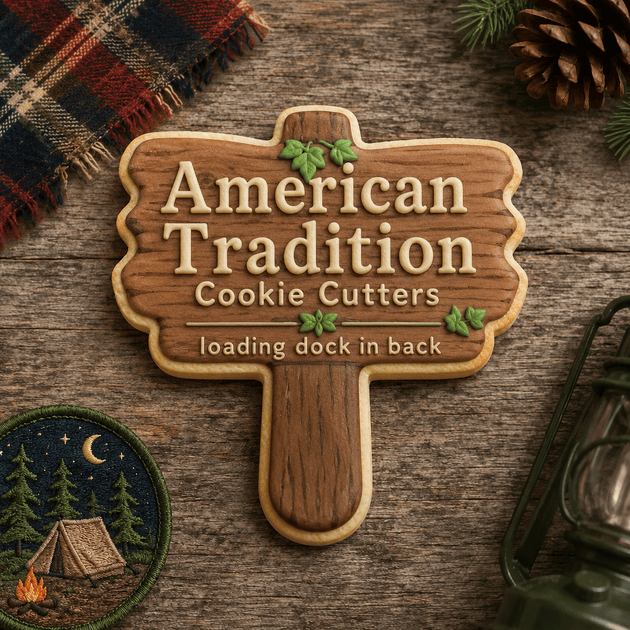 Wooden cookie cutter shaped like a sign with 'American Tradition Cookie Cutters' branding on a rustic wooden background from a 4.25 inch Wooden Sign Metal Cookie Cutter