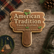 Wooden cookie cutter shaped like a sign with 'American Tradition Cookie Cutters' branding on a rustic wooden background from a 4.25 inch Wooden Sign Metal Cookie Cutter