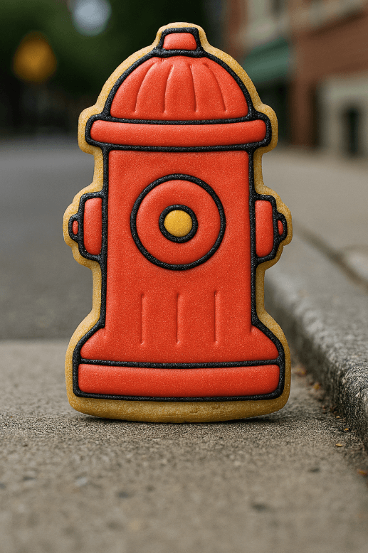 3 inch Fire Hydrant Metal Cookie Cutter shaped cookie decorated in vibrant red and black on sidewalk.