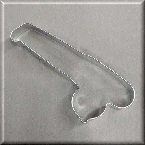 A silver metal cookie cutter shaped like a fishing rod, displayed diagonally on a textured gray background from a 6 inch Fishing Pole Metal Cookie Cutter