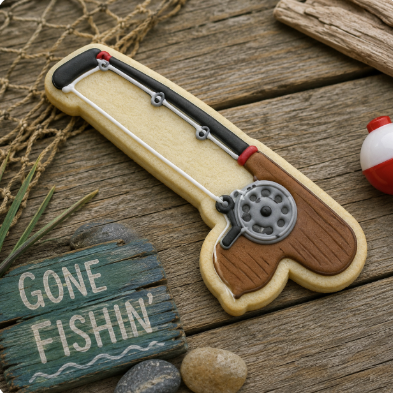 Fishing ole decorated cookie from a 6 inch Fishing Pole Metal Cookie Cutter